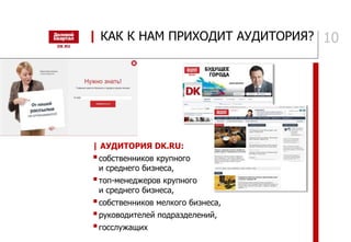 10
| АУДИТОРИЯ DK.RU:
собственников крупного
и среднего бизнеса,
топ-менеджеров крупного
и среднего бизнеса,
собственников мелкого бизнеса,
руководителей подразделений,
госслужащих
| КАК К НАМ ПРИХОДИТ АУДИТОРИЯ?
 