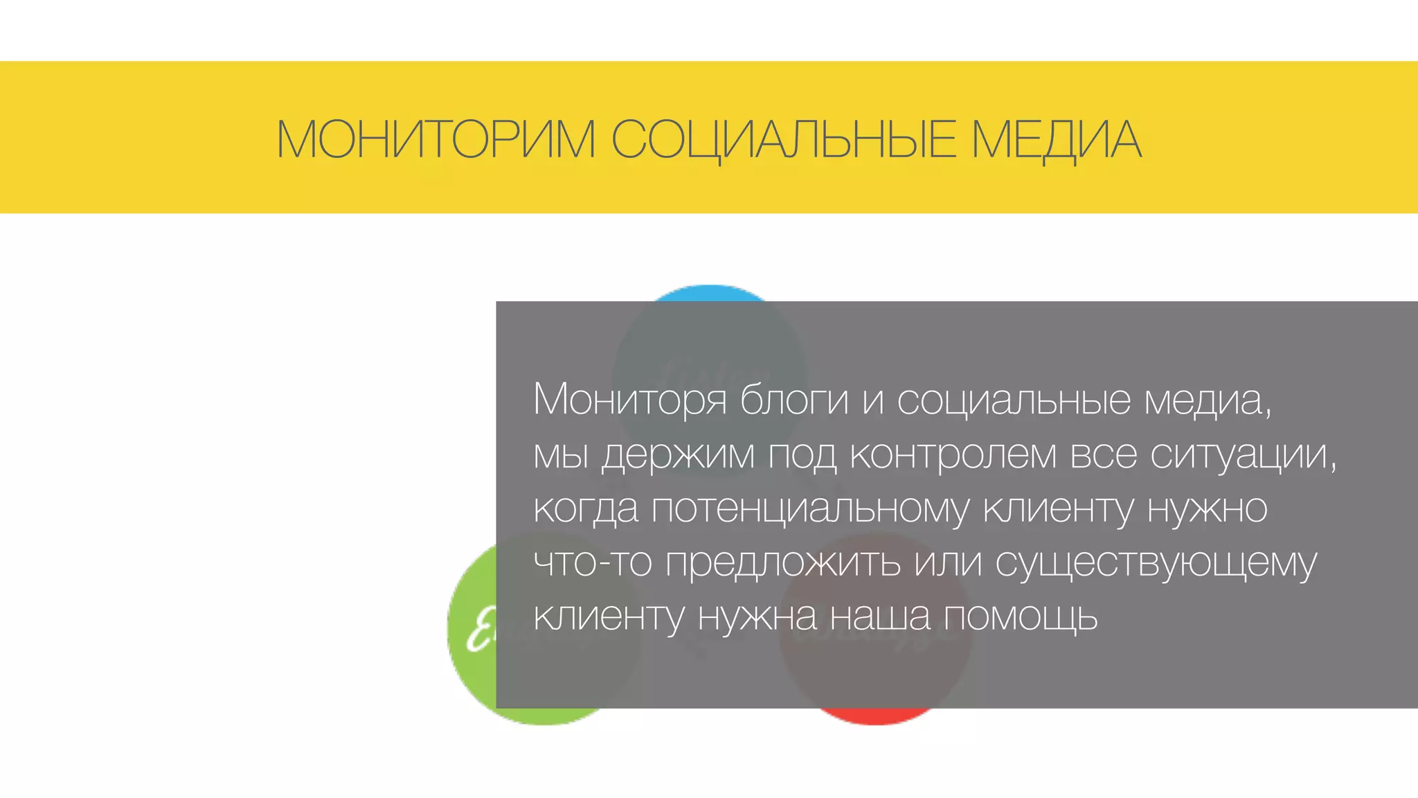 МОНИТОРИМ СОЦИАЛЬНЫЕ МЕДИА
Мониторя блоги и социальные медиа, 
мы держим под контролем все ситуации,  
когда потенциальному клиенту нужно  
что-то предложить или существующему
клиенту нужна наша помощь
 