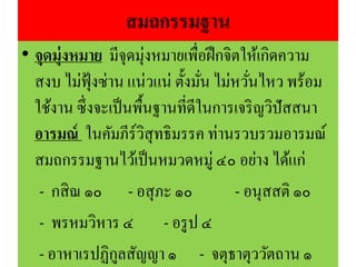 สมถกรรมฐาน
• จุดมุ่งหมาย มีจุดมุ่งหมายเพื่อฝึกจิตให้เกิดความ
สงบ ไม่ฟุ้งซ่าน แน่วแน่ ตั้งมั่น ไม่หวั่นไหว พร้อม
ใช้งาน ซึ่งจะเป็นพื้นฐานที่ดีในการเจริญวิปัสสนา
อารมณ์ ในคัมภีร์วิสุทธิมรรค ท่านรวบรวมอารมณ์
สมถกรรมฐานไว้เป็นหมวดหมู่ ๔๐ อย่าง ได้แก่
- กสิณ ๑๐ - อสุภะ ๑๐ - อนุสสติ ๑๐
- พรหมวิหาร ๔ - อรูป ๔
- อาหาเรปฏิกูลสัญญา ๑ - จตุธาตุววัตถาน ๑
 
