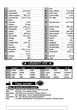 test
11 interview ‫حديث‬‫صحفى‬ 40 have a picnic ‫يقوم‬‫بنزهة‬
12 interviewer ‫محاور‬ 41 take a taxi ‫ياخذ‬‫تاكسي‬
13 Fitness trainer ‫مدرب‬‫لياقة‬ 42 go for walks ‫يتمشى‬
14 Vacuum the
floor
‫يكنس‬‫الرضية‬ 43 on a diet ‫يمشى‬‫برجيم‬
15 Vacuum
cleaner
‫مكنسة‬
‫كهربائية‬
44 exercise class ‫حصة‬‫تمارين‬
16 Sports club ‫نادى‬‫رياضى‬ 45 Catch a train ‫يلحق‬‫القطار‬
17 housewife ‫ربة‬‫منزل‬ 46 a stop ‫محطة‬
18 sweep ‫يمسح‬ 47 Cooked food ‫طعام‬‫مطهى‬
19 get fit ‫يصبح‬‫لئق‬ 48 take a photo ‫يلتقط‬‫صورة‬
20 ride a bike ‫يركب‬‫دراجة‬ 49 Chocolate ‫شيكولته‬
21 energy ‫طاقة‬ 50 butter ‫زبدة‬
22 count ‫يعد‬ 51 salad ‫سلطة‬
23 healthy diet ‫غذاء‬‫صحى‬ 52 spaghetti ‫مكرونة‬
24 beans ‫فول‬ 53 bought food ‫طعام‬‫جاهز‬
25 quantity ‫كمية‬ 54 Canned food ‫طعام‬‫معلب‬
26 do sports ‫يمارس‬‫رياضة‬ 55 kinds ‫انواع‬
27 calories ‫سعرات‬
‫حرارية‬
56 Grow food ‫يزرع‬‫طعام‬
28 cheese ‫جبنة‬ 57 correct ‫يصحح‬
29 fruit ‫فاكهة‬ 58 a list ‫قائمة‬
Present Past P . P Present Past P . P
‫ينرام‬ sleep slept slept ‫يؤذى‬ hurt hurt hurt
‫يسح‬ sweep swept swept ‫يعد‬ count counted counted
‫يتبئ‬ hide hid hidden ‫يأكل‬ eat ate eaten
‫يحركب‬ ride rode ridden ‫يشحرب‬ drink drank drunk

 Why do people put on weight ?
Interviewer : Hello Mr. Adel . Please tell us about your job
Adel : Certainly. I'm a fitness trainer .
Interviewer : How long have you been a fitness trainer ?
Adel : For eight years , since I stopped playing football .
Interviewer : Oh , why did you stop playing football ?
Adel : I couldn’t play because I was injured so I became a fitness trainer .
115

 