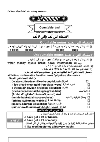  You shouldn’t eat many sweets .
‫السمـاء‬‫التى‬‫تعــد‬Countable nouns
1(‫السـم‬‫الذى‬‫يعـد‬‫له‬‫مفـراد‬‫وله‬‫جمـع‬‫ويأخـذ‬)a - an(‫فـى‬‫المفـراد‬‫وجتحـذفان‬‫فى‬‫الجمـع‬.
a book books an egg eggs
‫السمـاء‬‫التى‬‫ل‬‫تعــد‬Uncountable nouns
1(‫السـم‬‫الذى‬‫ل‬‫يعـد‬‫ل‬‫يمكـن‬‫عـده‬‫ول‬‫يأخـذ‬)a - an‫فـى‬ (‫المفـراد‬.
water - money - music - bread - news - information - oil ….
)2‫الضمير‬‫الذي‬‫يحل‬‫محله‬‫أو‬‫يعواد‬‫عليه‬‫هو‬it. 
)3‫الفعل‬‫الذي‬‫يليه‬‫لبد‬‫وأن‬‫يكون‬‫مفرادا‬‫لن‬‫فاعله‬‫مفراد‬.
)4‫بعض‬‫السماء‬‫التى‬‫ل‬‫جتعد‬‫المنتهية‬‫بحرف‬s‫يستخدم‬ُ‫س‬‫معها‬‫ادائما‬‫فعل‬:‫مفراد‬
athletics / mathematics / maths / news / physics / electronics
5) ‫من‬‫أمثلة‬‫السماء‬‫التي‬‫لجتعد‬ :
( water-coffee-tea-milk-oil-soup-blood) ‫السوائل‬ 
( ice-bread-meat-gold-iron-glass-wood) ‫الموااد‬‫الصلبة‬ 
( steam-air-oxygen-nitrogen-pollution) ‫الغازات‬ 
( rice-chalk-dust-salt-sugar-grass-hair) ‫الجزيئات‬ 
(Arabic-English-Chinese-Spanish) ‫اللغات‬ 
(tennis-basketball-soccer-chess) ‫وسائل‬‫الترفيه‬‫واللعاب‬ 
(driving-swimming-walking) ‫النشطة‬‫العامة‬ 
(beauty-courage-education) ‫السماء‬‫المعنوية‬ 
(rain-snow-thunder-wind-light) ‫الظواهر‬‫الطبيعية‬ 
‫ركز‬‫بقى‬‫فى‬‫اللي‬‫جاى‬‫يا‬‫أمور‬
‫جتأجتى‬‫قبـل‬‫اسـم‬‫يعـد‬‫أو‬‫اسم‬‫ل‬‫يعـد‬‫فى‬‫جملـة‬‫خبـريـة‬‫مثبتـة‬.
- I have got a lot of friends.
- I have got a lot of money.
‫يمكن‬‫استخدام‬‫كلمة‬)a lot(‫بدون‬)of(‫وليتبعها‬‫اسم‬‫وجتأجتى‬‫في‬‫آخر‬.‫الجملة‬
- I like reading stories a lot.(very much)
a lot of
117
Countable and
uncountable nouns
 