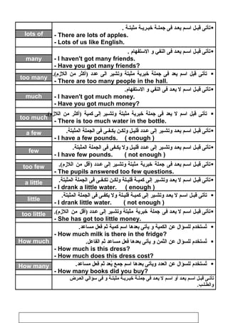 ‫جتأجتى‬‫قبـل‬‫اسـم‬‫يعـد‬‫فى‬‫جملـة‬‫خبـريـة‬‫مثبتـة‬.
- There are lots of apples.
- Lots of us like English.
lots of
‫جتأجتى‬‫قبـل‬‫اسـم‬‫يعـد‬‫فى‬‫النفي‬‫و‬‫الستفهام‬.
- I haven't got many friends.
- Have you got many friends?
many
‫تأتى‬‫قبل‬‫اسم‬‫يعد‬‫فى‬‫جملة‬‫خبرية‬‫مثبتة‬‫وتشير‬‫الى‬‫عدد‬‫)أكثر‬‫من‬.(‫اللزم‬
- There are too many people in the hall.
too many
‫جتأجتى‬‫قبـل‬‫اسـم‬‫ل‬‫يعـد‬‫فى‬‫النفي‬‫و‬.‫الستفهام‬
- I haven't got much money.
- Have you got much money?
much
‫تأتى‬‫قبل‬‫اسم‬‫ل‬‫يعد‬‫فى‬‫جملة‬‫خبرية‬‫مثبتة‬‫وجتشـير‬‫إلى‬‫كمية‬‫)أكثر‬‫من‬.(‫اللزم‬
- There is too much water in the bottle.
too much
‫جتأجتى‬‫قبـل‬‫اسـم‬‫يعـد‬‫وجتشـير‬‫إلى‬‫عـداد‬‫قليـل‬‫ولكـن‬‫يكـفـى‬‫فى‬‫الجملة‬.‫المثبتة‬
- I have a few pounds. ( enough )
a few
‫جتأجتى‬‫قبـل‬‫اسـم‬‫يعـد‬‫وجتشـير‬‫إلى‬‫عـداد‬‫قليـل‬‫ول‬‫يكـفى‬‫فى‬‫الجملة‬.‫المثبتة‬
- I have few pounds. ( not enough )
few
‫جتأجتى‬‫قبـل‬‫اسـم‬‫يعـد‬‫فى‬‫جملة‬‫خبرية‬‫مثبتة‬‫وجتشـير‬‫إلى‬‫عـداد‬‫)أقل‬‫من‬(‫اللزم‬.
- The pupils answered too few questions.
too few
‫جتأجتى‬‫قبـل‬‫اسـم‬‫ل‬‫يعـد‬‫وجتشـير‬‫إلى‬‫كميـة‬‫قليـلة‬‫ولكـن‬‫جتكـفـى‬‫فى‬‫الجملة‬.‫المثبتة‬
- I drank a little water. ( enough )
a little
‫جتأجتى‬‫قبـل‬‫اسـم‬‫ل‬‫يعـد‬‫وجتشـير‬‫إلى‬‫كميـة‬‫قليـلة‬‫ول‬‫يكفـى‬‫فى‬‫الجملة‬.‫المثبتة‬
- I drank little water. ( not enough )
little
‫جتأجتى‬‫قبـل‬‫اسـم‬‫ل‬‫يعـد‬‫فى‬‫جملة‬‫خبرية‬‫مثبتة‬‫وجتشـير‬‫إلى‬‫عـداد‬‫)أقل‬‫من‬(‫اللزم‬.
- She has got too little money.
too little
‫جتستخدم‬ُ‫س‬‫للسؤال‬‫عن‬‫الكمية‬‫و‬‫يأجتى‬‫بعدها‬‫اسم‬‫كمية‬‫ثم‬‫فعل‬.‫مساعد‬
- How much milk is there in the fridge?
‫جتستخدم‬ُ‫س‬‫للسؤال‬‫عن‬‫الثمن‬‫و‬‫يأجتى‬‫بعدها‬‫فعل‬‫مساعد‬‫ثم‬.‫الفاعل‬
- How much is this dress?
- How much does this dress cost?
How much
‫جتستخدم‬ُ‫س‬‫للسؤال‬‫عن‬‫العداد‬‫ويأجتى‬‫بعدها‬‫اسم‬‫جمع‬‫يعد‬ُ‫س‬‫ثم‬‫فعل‬.‫مساعد‬
- How many books did you buy?
How many
‫جتأجتـى‬‫قبـل‬‫اسـم‬‫يعـد‬‫أو‬‫اسـم‬‫ل‬‫يعـد‬‫فى‬‫جملـة‬‫خبـريـة‬‫مثبتـة‬‫و‬‫فى‬‫سؤالي‬‫العـرض‬
.‫والطـلـب‬
118
 
