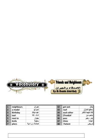 1 neighbours ‫جيران‬ 32 get wet ‫يبتل‬
2 a model ‫نموذج‬ 33 roof ‫سطح‬‫المنزل‬
3 Birthday ‫عيد‬‫ميلد‬ 34 each other ‫كل‬‫منهما‬‫للخر‬
4 tool ‫أداة‬-‫آلة‬ 35 Tired(of( ‫متعب‬‫من‬
5 next to ‫بجوار‬ 36 pass ‫يمر‬‫يعبر‬ -
6 Knife ‫سكينة‬ 37 Clinic ‫عيادة‬
7 pliers ‫زرا‬ -‫كماشة‬‫دية‬ 38 Patient ‫مريض‬
27
 