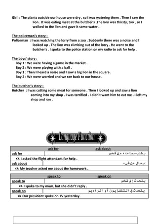 Girl : The plants outside our house were dry , so I was watering them . Then I saw the
lion . It was eating meat at the butcher's .The lion was thirsty, too , so I
walked to the lion and gave it some water .
The policeman's story :
Policeman : I was watching the lorry from a zoo . Suddenly there was a noise and l
looked up . The lion was climbing out of the lorry . He went to the
butcher's . I spoke to the police station on my radio to ask for help .
The boys' story :
Boy 1 : We were having a game in the market .
Boy 2 : We were playing with a ball .
Boy 1 : Then I heard a noise and I saw a big lion in the square .
Boy 2 : We were worried and we ran back to our house .
The butcher's story :
Butcher : I was cutting some meat for someone . Then I looked up and saw a lion
coming into my shop . I was terrified . I didn't want him to eat me . I left my
shop and ran .
ask for ask about
ask for ‫يطلب‬‫مساعده‬‫من‬‫شخص‬
 I asked the flight attendant for help .
ask about ‫يسال‬‫عن‬‫شيء‬
 My teacher asked me about the homework .
speak to speak on
speak to ‫يتحدث‬‫ﺇل‬‫شخص‬
 I spoke to my mum, but she didn’t reply .
speak on ‫يتحدث‬‫ف‬‫التلفزيون‬‫أو‬‫الراديو‬
 Our president spoke on TV yesterday.
45
 