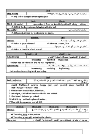 stop
Stop + v.ing v+ing ‫يتوقف‬‫عن‬‫عمل‬‫شيء‬‫وياتى‬‫بعدها‬
 My father stopped smoking last year .
think thank
Think – (thought) ‫يفكر)تستخدم‬ -‫يعتقد‬‫للتنبؤ‬‫با‬‫ظحدث‬‫ف‬‫موقف‬‫معي‬ )
 I think the boys stopped playing with the ball .
Thank (for) ‫يشكر‬‫شخص‬‫على‬‫شيء‬
 I thanked Ahmed for lending me his book .
address title
address ‫عنوان‬‫النزل‬‫أو‬‫القامة‬ 
 What is your address ?  I live at…Street,Giza
title ‫عنوان‬‫كتاب‬‫أو‬‫قدصة‬‫أو‬‫مسرظحية‬ 
 What is the title of this story ?
Adjective+ed djective+ing
Adjective+ed ‫تدصف‬‫الشخاص‬ .ed ‫الدصفا ت‬‫النتهية‬‫بــ‬
Interested terrified frightened
Tarek had a bad dream and he was frightened .
djective+ing ‫تدصف‬‫الشياء‬ . ing ‫الدصفا ت‬‫النتهية‬‫بــ‬
Interesting terrifying frightening
 I read an interesting book yesterday .
Feel
Feel + adjective ‫بعض‬‫الدصفا ت‬‫للتعبي‬‫عن‬‫الشاعر‬‫مثل‬  feel ‫ياتى‬‫بعد‬
‫الفعل‬
afraid – frightened – surprise – happy – sad – cold – worried – angry – terrified – ill
Hot – hungry – thirsty – tired .
 Please open the window . I feel hot .
 Last night , I fell afraid because I had a bad bream .
 I feel tired . I should go to bed .
I felt thirsty , so I had a glass of water .
What did she do when she fell ill ?
There is There are There was There were
There is ‫يوجد‬‫أو‬‫هناك‬‫وتستخدم‬‫مع‬‫السم‬‫الفرد‬‫ف‬‫زمن‬‫الضارع‬
‫البسيط‬ .
There is a lorry in the picture .
There is a young girl watering the plants .
There are ‫يوجد‬‫أو‬‫هناك‬‫وتستخدم‬‫مع‬‫السم‬‫المع‬‫ف‬‫زمن‬‫الضارع‬
46
 