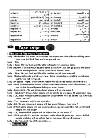 
 The world fifty years from now”
Sally : The teacher has asked us to answer these questions about the world fifty years
from now.So I'll ask first, and then you ask me .
Soha : OK .
Sally : Right: 'Do you think we'll be able to travel overseas more easily
Soha : Humm. It's not difficult to go to some places now . We can go quickly and easily
but it's also expensive. I don't know about 50 years time .
Sally : Next. 'Do you think we'll be able to drive electric cars to work?
Soha : Most people go to work in cars now . Some companies are making electric cars
but they're not very good .
Sally : Of course . Right . 'Do you think robots will be able to help us in our homes ?
Soha : Well, I've seen some robots in films and I've read some books about robots, so,
yes, I think they will probably help us in our homes .
Sally : Good, right, . 'Do you think a lot of people will go into space ?
Soha : No, I don't think a lot of people will be able to go into space 50 years from now
Sally : OK,. Now, what about this question? 'Do you think we'll be able to live in houses
under the sea ?'
Soha : Yes, I think so – but I'm not sure why .
Sally : OK, 'Do you think most people will live longer 50 years from now ?'
Soha : I think some people will live longer and some people won't I'm not sure if most
people will live longer.
Sally : OK, 'Do you think people will be able to live on the moon ? '
Soha : Well , people first went to the moon to the about 40 years ago , so yes . I think
people probably will be able to live on the moon 50 years from now .
Sally : OK, I've asked you all the questions …
 Computers”
arrive in
‫يدصل‬‫ﺇل)مكان‬
‫)كبي‬
on Sunday ‫يوم‬‫السبت‬
arrive at ‫يدصل‬‫ﺇل‬‫مكان‬‫صغي‬ on the way ‫ف‬‫الطريق‬
able to ‫قادر‬‫على‬ on the left ‫على‬‫اليسار‬
travel to ‫يسافر‬‫ﺇل‬ on the right ‫على‬‫اليمي‬
speak to ‫يتحدث‬‫ﺇل‬‫شخص‬ on the table ‫على‬‫النضدة‬
begin to+v. ‫يبدأ‬‫ف‬ look for ‫يبحث‬‫عن‬
help to + v. ‫يساعد‬‫ف‬ look after ‫يعتن‬‫بـ‬
help with +n. ‫يساعد‬‫ف‬ look up
‫يبحث‬‫عن‬‫معن‬
‫كلمة‬
begin with ‫يبدأ‬‫بـ‬ look at ‫ينظر‬‫ﺇل‬
57

 