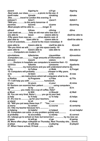 a)went b)going to c)’ll go d)going
3-Next week, our class……………a picnic to the zoo.
a)will make b)made c)making d)make
4-She………….travel to London this evening.
a)doesn’t b)isn’t c)won’t d)didn’t
5-Will you…………to the party tomorrow?
a)comes b)come c)came d)coming
6-Most people will be able to…………..longer.
a)lived b)lives c)living d)live
7-Last week we…………help an old man who was lost.
a)is able to b)can c)were able to d)will be able to
8-Fifty years from now we………..drive electric cars.
a)be able to b)are able to c)were able to d)will be able to
9-A lot of scientists………..travel to the moon nowadays.
a)are able to b)were able to c)will be able to d)could
10-Do you think we will………….go into space easily?
a)are able to b)were able to c)be able to d)is able to
11-Computers are modern.………
a)invitations b)factories c)quantities d)invention
12-Computers can…………… huge amounts of information.
a)invent b)work c)store d)design
13-Doctors in hospitals use computers to examine their………
a)clinics b)banks c)reasons d)patients
14- …………….. my instructions and you will understand what to do.
a) Go b) Follow c) Walk d) Forget
15- Computers will probably ……………… cheaper in fifty years.
a) is b) been c) be d) was
16- …………... are instructions which tell computers what to do.
a) Radios b) Programs c) Files d) TVs
17- I will help you with ………………… homework.
a) you b) yours c) your d) mine
18- Doctors can examine their patient ……………using computers .
a) with b) by c) on d) in
19. ................. you make me a cup of coffee, Hala?
a) Must b) Will c) Should d) Well
20. You are very tired, Noha I........... you go to your bed.
a) help b) 'II help c) 'm help d) helps
21. It's nice to ..............up for your teachers.
a) stand b) sit c) sat d) sleep
22. Will you put away these toys ? Yes, ........................
a) worry b) certain c) course d) certainly
23. I like my teacher because he's .............. .
a) helping b) helpful c) helped d) not helpful
24. Computers can solve ‫يحل‬ any problem quickly and.............
a) probably b) accurately c) slowly d) correct
25. I always go to school on foot, but tomorrow I ................ by my new car.
a) goes b) will go c) go d) going
26. Mona often plays volleyball on Thursday. Next Thursday she.... tennis.
a) plays b) will play c) playing d) played
27. When I leave school, I'll look ................ a job.
64
 