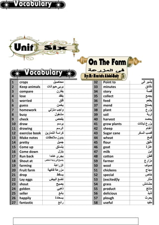 1 crops ‫محاصيل‬ 32 Point to ‫يشير‬‫الى‬
2 Keep animals ‫يربى‬‫حيوانات‬ 33 minutes ‫دقائق‬
3 compare ‫يقارن‬ 34 story ‫قصة‬
4 lose ‫يفقد‬ 35 collect ‫يجمع‬
5 worried ‫قلق‬ 36 feed ‫يطعم‬
6 guess ‫يخمن‬ 37 mend ‫يصلح‬
7 homework ‫واجب‬‫منزلي‬ 38 plant ‫يزرع‬
8 busy ‫مشغول‬ 39 soil ‫تربة‬
9 check ‫يفحص‬ 40 harvest ‫يحصد‬
10 draw ‫يرسم‬ 41 grow plants ‫يزرع‬‫نباتات‬
11 drawing ‫الرسم‬ 42 sheep ‫أغنام‬
12 exercise book ‫كراسة‬‫التمارين‬ 43 Sugar cane ‫قصب‬‫السكر‬
13 Make notes ‫يدون‬‫ملحظات‬ 44 wheat ‫قمح‬
14 pretty ‫جميل‬ 45 flour ‫دقيق‬
15 Come up ‫يتسلق‬ 46 goat ‫عنزة‬
16 Come down ‫ينزل‬ 47 milk ‫لبن‬
17 Run back ‫يجرى‬‫عائدا‬ 48 cotton ‫قطن‬
18 Shout at ‫يصيح‬‫فى‬‫وجه‬‫شخص‬ 59 farmer ‫مزارع‬
19 farming ‫الزراعة‬ 50 wool ‫صوف‬
20 Fruit farm ‫مزرعة‬‫فاكهة‬ 51 chickens ‫دجاج‬
21 drop ‫يسقط‬ 52 special ‫خاص‬
22 Lay eggs ‫تضع‬‫البيض‬ 53 excited(ly( ‫مثار‬
23 shout ‫يصيح‬ 54 grass ‫حشائش‬
24 golden ‫ذهبي‬ 55 product ‫منتج‬
25 seller ‫بائع‬ 56 delicious ‫لذيذ‬
26 happily ‫بسعادة‬ 57 plough ‫يحرث‬
27 fantastic ‫رائع‬ 58 useful ‫مفيد‬
67
 