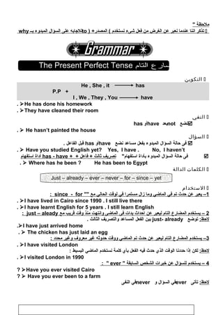 ‫ملظحظة‬
‫تذكر‬‫اننا‬‫عندما‬‫نعبر‬‫عن‬‫الغرض‬‫من‬‫فعل‬‫شىء‬‫نستخدم‬) +‫المصدر‬ (to‫للاجابه‬‫على‬‫السؤال‬‫المبدوء‬‫بــ‬why
The Present Perfect Tense ‫المضارع‬‫التام‬
‫التكوين‬
He , She , it has
+P.P
I , We , They , You have
He has done his homework.
They have cleaned their room.
‫النفي‬
‫نضع‬not‫بعد‬have‫أو‬has
 He hasn’t painted the house.
‫السؤال‬
‫فى‬‫ظحالة‬‫السؤال‬‫المبدوء‬‫بفعل‬‫مساعد‬‫نضع‬have‫أو‬has‫قبل‬‫الفاعل‬.
 Have you studied English yet? Yes, I have . No, I haven’t.
‫فى‬‫ظحالة‬‫السؤال‬‫المبدوء‬‫بأداة‬‫استفهام‬‫تصريف‬‫ثالث‬‫فاعل‬ ++ +has - have‫أداة‬‫استفهام‬
 Where has he been ? He has been to Egypt.
‫الكلمات‬‫الدالة‬
‫الستخدام‬
1‫يعبر‬ –‫عن‬‫ظحدث‬‫تم‬‫في‬‫الماضي‬‫وما‬‫زال‬‫مستمرا‬‫في‬‫لوقت‬‫الحالي‬‫مع‬since - for:
I have lived in Cairo since 1990 . I still live there.
I have learnt English for 5 years . I still learn English.
2‫يستخدم‬ –‫المضارع‬‫التام‬‫ليعبر‬‫عن‬‫اظحداث‬‫بدات‬‫فى‬‫الماضى‬‫وانتهت‬‫منذ‬‫وقت‬‫قريب‬‫مع‬just – aleady:
:‫لظحظ‬‫توضع‬just- already‫بين‬‫الفعل‬‫المساعد‬‫والتصريف‬‫الثالث‬.
I have just arrived home.
 The chicken has just laid an egg.
3‫يستخدم‬ –‫المضارع‬‫التام‬‫ليعبر‬‫عن‬‫ظحدث‬‫تم‬‫الماضي‬‫ووقت‬‫ظحدوثه‬‫غير‬‫معروف‬‫وغير‬‫محدد‬:
I have visited London.
:‫لظحظ‬‫لكن‬‫إذا‬‫ظحددنا‬‫الوقت‬‫الذي‬‫ظحدث‬‫فيه‬‫الفعل‬‫بأي‬‫كلمة‬‫نستخدم‬‫الماضي‬‫البسيط‬:
I visited London in 1990.
4‫يستخدم‬ –‫للسؤال‬‫عن‬‫خبرات‬‫الشخص‬‫السابقة‬ever: 
Have you ever visited Cairo?
 Have you ever been to a farm?
:‫لظحظ‬‫تأتى‬ever‫في‬‫السؤال‬‫و‬never‫في‬‫النفى‬
69
Just – already – ever – never – for – since – yet
 