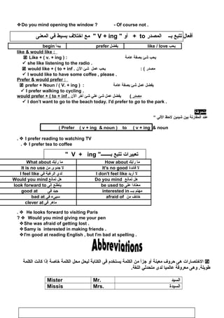 ‫تعبيرات‬‫تتبع‬‫بــــــــ‬V + ing
Do you mind opening the window ? - Of course not .
‫أفعال‬‫تتبع‬‫بــ‬‫المصدر‬to‫أو‬ +V + ing‫مع‬ ‫اختلف‬‫بسيط‬‫في‬‫المعنى‬
‫يحب‬like / love‫يفضل‬prefer‫يبدأ‬begin
like  would like :
 Like + ( v. + ing ) : ‫يحب‬‫شئ‬‫بصفة‬‫عامة‬
 she like listening to the radio .
 would like + ( to + inf . ‫مصدر‬‫يحب‬ : (‫عمل‬‫شئ‬‫الن‬
 I would like to have some coffee , please .
Prefer  would prefer :
 prefer + Noun / ( V. + ing ) : ‫يفضل‬‫عمل‬‫شئ‬‫بصفة‬‫عامة‬
 I prefer walking to cycling .
would prefer + ( to + inf . ‫مصدر‬(‫يفضل‬‫عمل‬‫شئ‬‫علي‬‫شئ‬‫أخر‬‫الن‬
 I don’t want to go to the beach today. I'd prefer to go to the park .
‫ملحوظة‬
‫عند‬‫المقارنة‬‫بين‬‫شيئين‬‫لظحظ‬‫التي‬“
Prefer ( v + ing  noun ) to ( v + ing  noun(
 I prefer reading to watching TV.
 I prefer tea to coffee.
‫ما‬‫رأيك‬How about‫ما‬‫رأيك‬What about
‫ل‬‫فائدة‬It's no good‫ل‬‫اجدوى‬‫من‬It is no use
‫ل‬‫أريد‬I don't feel like‫لدي‬‫الرغبة‬‫في‬I feel like
‫هل‬‫تمانع‬Do you mind‫هل‬‫تمانع‬Would you mind
‫معتادا‬‫على‬be used to‫يتطلع‬‫إلى‬look forward to
‫مهتم‬‫بـــ‬interested in‫اجيد‬‫فى‬good at
‫خائف‬‫من‬afraid of‫سيىء‬‫فى‬bad at
‫ماهر‬‫فى‬clever at
 He looks forward to visiting Paris.
 Would you mind giving me your pen?
She was afraid of getting lost .
Samy is interested in making friends .
I'm good at reading English , but I'm bad at spelling .
‫الختصارات‬‫هى‬‫ظحروف‬‫معينة‬‫أو‬‫اجزأ‬‫من‬‫الكلمة‬‫يستخدم‬‫فى‬‫الكتابة‬‫ليحل‬‫محل‬‫الكلمة‬‫خاصة‬‫إذا‬‫كانت‬‫الكلمة‬
‫وهى‬ .‫طويلة‬‫معروفة‬‫عالميا‬‫لدى‬‫متحدثي‬.‫اللغة‬
Mister Mr. ‫السيد‬
Missis Mrs. ‫السيدة‬
89
 
