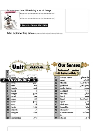 In my spare time I like doing a lot of things
…………………………………………………………
…………………………………………………………
…………………………………………………………
9- Punctuate the following sentence:
I don t mind writing to tom ............................................ .
1 sense ‫حاسة‬ 28 beautiful × ugly ‫قبيح‬×‫جميل‬
2 deaf ‫أصم‬‫)ل‬(‫يسمع‬ 29 horrible × nice ‫لطيف‬×‫فظيع‬
3 blind ‫أعمى‬‫)ل‬(‫يرى‬ 30 salty × sweet ‫حلو‬×‫مملح‬
4 dump ‫أبكم‬‫)ل‬(‫يتكلم‬ 31 palm ‫كف‬‫اليد‬
5 eyes ‫عيون‬ 32 thumb ‫إصبع‬‫البهام‬
6 feel ‫يشعر‬ 33 go blind ‫يصبح‬‫أعمى‬
7 touch ‫يلمس‬ 34 make better ‫يحسن‬
8 hand ‫يد‬ 35 accident ‫حادثة‬
9 finger ‫إصبع‬ 36 the rest ‫الباقي‬
10 smell ‫يشم‬ 37 hard ‫صعب‬
11 nose ‫انف‬ 38 loud ‫عالي‬‫الصوت‬
12 hear ‫يسمع‬ 39 quiet ‫هادئ‬
13 ears ‫أذن‬ 40 delicious ‫لذيذ‬
14 taste ‫يتذوق‬ 41 Look like ‫يشبه‬
15 mouth ‫فم‬ 42 shoulder ‫كتف‬
16 tongue ‫لسان‬ 43 Communicate
in
‫يتصل‬‫بــ‬
17 remember ‫يتذكر‬ 44 shape ‫شكل‬
94
 