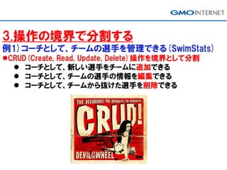 3.操作の境界で分割する
例1)コーチとして、チームの選手を管理できる(SwimStats)
CRUD(Create, Read, Update, Delete)操作を境界として分割
 コーチとして、新しい選手をチームに追加できる
 コーチとして、チームの選手の情報を編集できる
 コーチとして、チームから抜けた選手を削除できる
 