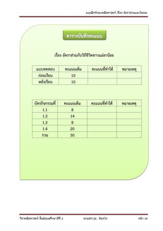 แบบฝึกทักษะคณิตศาสตร์ เรื่อง อัตราส่วนและร้อยละ
วิชาคณิตศาสตร์ ชั้นมัธยมศึกษาปีที่ 2 นายสราวุธ ปันทวัง หน้า 39
ข้อ ตอบ
1 ง
2 ข
3 ง
4 ค
5 ก
6 ก
7 ข
8 ก
9 ข
10 ง
เรื่อง อัตราส่วนกับวิถีชีวิตชาวแม่ลาน้อย
แบบทดสอบ คะแนนเต็ม คะแนนที่ทาได้ หมายเหตุ
ก่อนเรียน 10
หลังเรียน 10
บัตรกิจกรรมที่ คะแนนเต็ม คะแนนที่ทาได้ หมายเหตุ
1.1 8
1.2 14
1.3 8
1.4 20
รวม 50
 