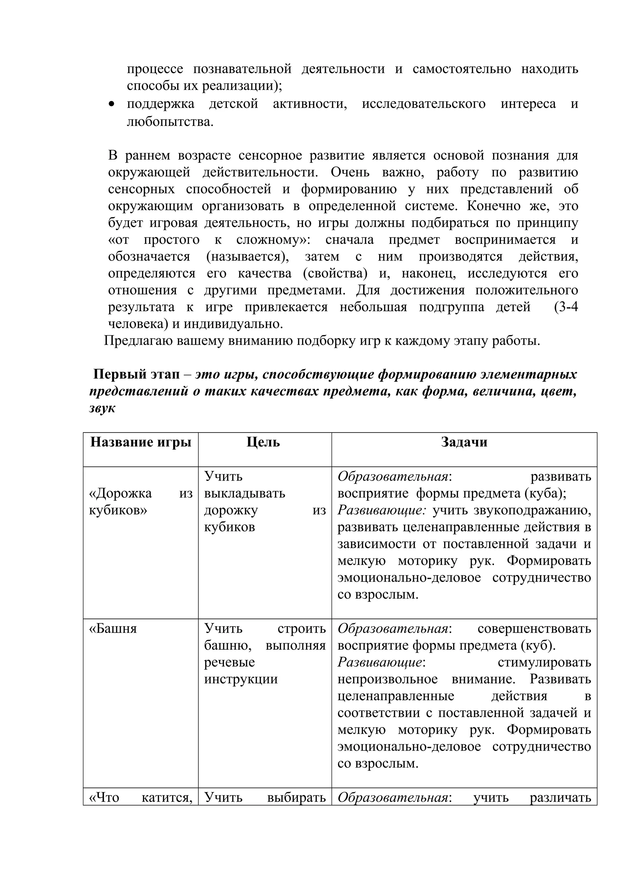 процессе познавательной деятельности и самостоятельно находить
способы их реализации);
• поддержка детской активности, исследовательского интереса и
любопытства.
В раннем возрасте сенсорное развитие является основой познания для
окружающей действительности. Очень важно, работу по развитию
сенсорных способностей и формированию у них представлений об
окружающим организовать в определенной системе. Конечно же, это
будет игровая деятельность, но игры должны подбираться по принципу
«от простого к сложному»: сначала предмет воспринимается и
обозначается (называется), затем с ним производятся действия,
определяются его качества (свойства) и, наконец, исследуются его
отношения с другими предметами. Для достижения положительного
результата к игре привлекается небольшая подгруппа детей (3-4
человека) и индивидуально.
Предлагаю вашему вниманию подборку игр к каждому этапу работы.
Первый этап – это игры, способствующие формированию элементарных
представлений о таких качествах предмета, как форма, величина, цвет,
звук
Название игры Цель Задачи
«Дорожка из
кубиков»
Учить
выкладывать
дорожку из
кубиков
Образовательная: развивать
восприятие формы предмета (куба);
Развивающие: учить звукоподражанию,
развивать целенаправленные действия в
зависимости от поставленной задачи и
мелкую моторику рук. Формировать
эмоционально-деловое сотрудничество
со взрослым.
«Башня Учить строить
башню, выполняя
речевые
инструкции
Образовательная: совершенствовать
восприятие формы предмета (куб).
Развивающие: стимулировать
непроизвольное внимание. Развивать
целенаправленные действия в
соответствии с поставленной задачей и
мелкую моторику рук. Формировать
эмоционально-деловое сотрудничество
со взрослым.
«Что катится, Учить выбирать Образовательная: учить различать
 
