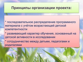 Принципы организации проекта:
* последовательное распределение программного
материала с учётом возрастающей детской
компетентности
* развивающий характер обучения, основанный на
детской активности в исследовании
* сотрудничество между детьми, педагогами и
родителями
 