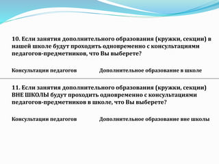 10. Если занятия дополнительного образования (кружки, секции) в
нашей школе будут проходить одновременно с консультациями
педагогов-предметников, что Вы выберете?
Консультации педагогов Дополнительное образование в школе
11. Если занятия дополнительного образования (кружки, секции)
ВНЕ ШКОЛЫ будут проходить одновременно с консультациями
педагогов-предметников в школе, что Вы выберете?
Консультации педагогов Дополнительное образование вне школы
 