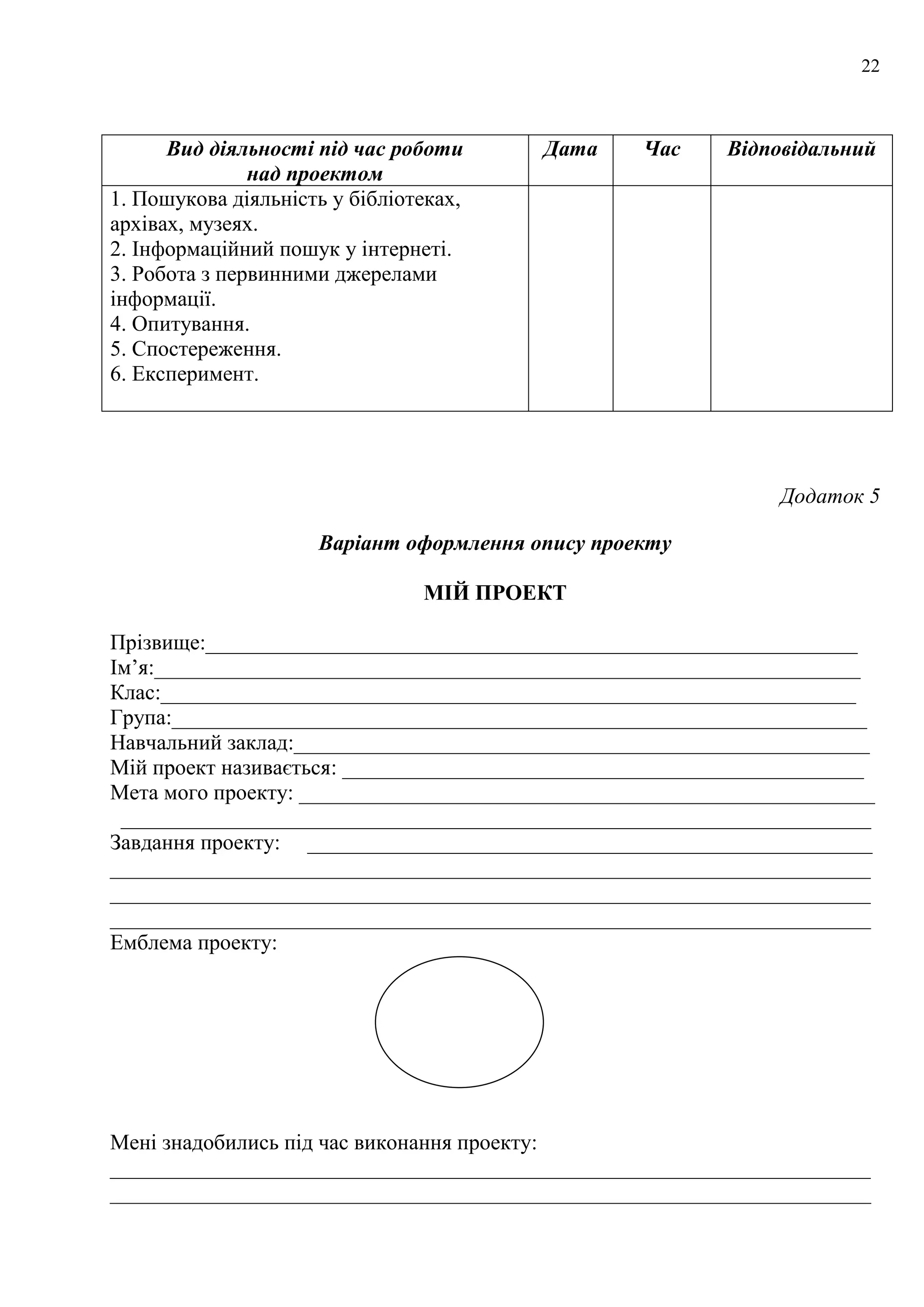 22
Вид діяльності під час роботи
над проектом
Дата Час Відповідальний
1. Пошукова діяльність у бібліотеках,
архівах, музеях.
2. Інформаційний пошук у інтернеті.
3. Робота з первинними джерелами
інформації.
4. Опитування.
5. Спостереження.
6. Експеримент.
Додаток 5
Варіант оформлення опису проекту
МІЙ ПРОЕКТ
Прізвище:____________________________________________________________
Ім’я:_________________________________________________________________
Клас:________________________________________________________________
Група:________________________________________________________________
Навчальний заклад:_____________________________________________________
Мій проект називається: ________________________________________________
Мета мого проекту: _____________________________________________________
_____________________________________________________________________
Завдання проекту: ____________________________________________________
______________________________________________________________________
______________________________________________________________________
______________________________________________________________________
Емблема проекту:
Мені знадобились під час виконання проекту:
______________________________________________________________________
______________________________________________________________________
 
