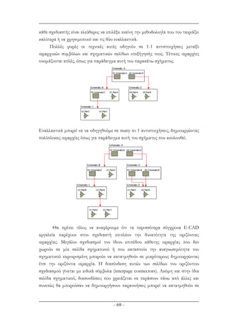 – 69 –
κάθε σχεδιαστής είναι ελεύθερος να επιλέξει εκείνη την µεθοδολογία που του ταιριάζει
καλύτερα ή να χρησιµοποιεί και τις δύο εναλλακτικά.
Πολλές φορές οι τεχνικές αυτές οδηγούν σε 1-1 αντιστοιχήσεις µεταξύ
ιεραρχικών συµβόλων και σχηµατικών σελίδων επεξήγησής τους. Τέτοιες ιεραρχίες
ονοµάζονται απλές, όπως για παράδειγµα αυτή του παρακάτω σχήµατος.
Εναλλακτικά µπορεί να να οδηγηθούµε σε many to 1 αντιστοιχήσεις, δηµιουργώντας
πολύπλοκες ιεραρχίες όπως για παράδειγµα αυτή του σχήµατος που ακολουθεί.
Θα πρέπει τέλος να αναφέρουµε ότι τα περισσότερα σύγχρονα E-CAD
εργαλεία παρέχουν στον σχεδιαστή επιπλέον την δυνατότητα της οριζόντιας
ιεραρχίας. Μεγάλοι σχεδιασµοί του ίδιου επιπέδου κάθετης ιεραρχίας που δεν
χωρούν σε µία σελίδα σχηµατικού ή που καταστούν την αναγνωσιµότητα του
σχηµατικού περιορισµένη µπορούν να κατατµηθούν σε µικρότερους δηµιουργώντας
έτσι την οριζόντια ιεραρχία. Η διασύνδεση αυτών των σελίδων του οριζόντιου
σχεδιασµού γίνεται µε ειδικά σύµβολα (interpage connectors). Ακόµη και στην ίδια
σελίδα σχηµατικού, διασυνδέσεις που χρειάζεται να περάσουν πάνω από άλλες και
συνεπώς θα µπορούσαν να δηµιουργήσουν παρανοήσεις µπορεί να κατατµηθούν σε
 