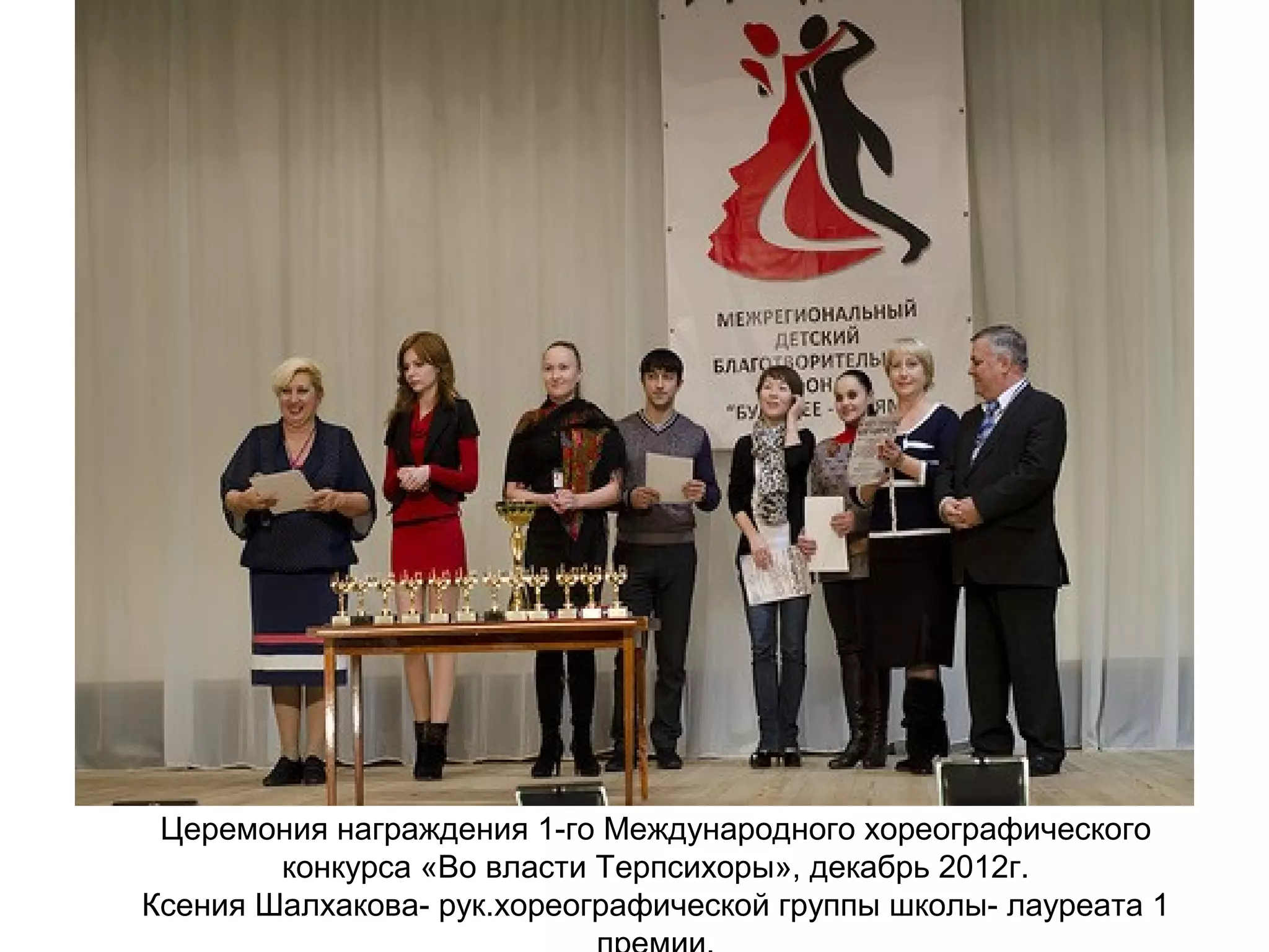 Церемония награждения 1-го Международного хореографического
конкурса «Во власти Терпсихоры», декабрь 2012г.
Ксения Шалхакова- рук.хореографической группы школы- лауреата 1
 