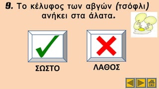9. ( )Το κέλυφος των αβγών τσόφλι
.ανήκει στα άλατα
ΣΩΣΤΟ ΛΑΘΟΣ
 