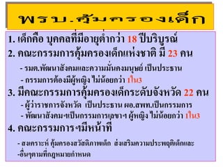 1. เด็กคือ บุคคลที่มีอายุตํ่ากว่า 18 ปีบริบูรณ์
2. คณะกรรมการคุ้มครองเด็กแห่งชาติ มี 23 คน
- รมต.พัฒนาสังคมและความมั่นคงมนุษย์ เป็นประธาน
- กรรมการต้องมีผู้หญิง ไม่น้อยกว่า 1ใน3
3. มีคณะกรรมการคุ้มครองเด็กระดับจังหวัด 22 คน
- ผู้ว่าราชการจังหวัด เป็นประธาน ผอ.สพท.เป็นกรรมการ
- พัฒนาสังคมฯเป็นกรรมการเลขาฯ ผู้หญิง ไม่น้อยกว่า 1ใน3
4. คณะกรรมการฯมีหน้าที่
- สงเคราะห์ คุ้มครองสวัสดิภาพเด็ก ส่งเสริมความประพฤติเด็กและ
-อื่นๆตามที่กฎหมายกําหนด
 