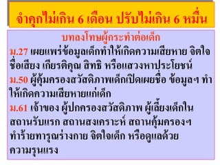 จําคุกไม่เกิน 6 เดือน ปรับไม่เกิน 6 หมื่น
บทลงโทษผู้กระทําต่อเด็ก
ม.27 เผยแพร่ข้อมูลเด็กทําให้เกิดความเสียหาย จิตใจ
ชื่อเสียง เกียรติคุณ สิทธิ หรือแสวงหาประโยชน์
ม.50 ผู้คุ้มครองสวัสดิภาพเด็กเปิดเผยชื่อ ข้อมูลฯ ทํา
ให้เกิดความเสียหายแก่เด็ก
ม.61 เจ้าของ ผู้ปกครองสวัสดิภาพ ผู้เลี้ยงเด็กใน
สถานรับแรก สถานสงเคราะห์ สถานคุ้มครองฯ
ทําร้ายทารุณร่างกาย จิตใจเด็ก หรือดูแลด้วย
ความรุนแรง
 