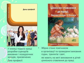• У книжці подано кращі
розробки сценаріїв
виховних і позаурочних
заходів, присвячених
Дню професії.
• Збірка стане помічником
в організації та проведенні виховних
годин, тренінгів і свят,
які мають на меті виховання в дітей
ціннісного ставлення до праці.
 