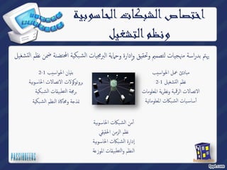 اختصاص الشبكات الحاس وبية 
ونظم التشغيل 
بكية المح تضنة ضمن نظم التشغیل ̑ يهتم بدراسة منهجیات لتصميم وتحقيق وٕادارة وحمایة البرمجیات الش 
مبادئ عمل الحواسيب 
2- نظم التشغیل 1 
الاتصالات الرقمیة ونظریة المعلومات 
بكات المعلوماتیة ̑ یات الش ̑ أٔساس 
2- بنيان الحواسيب 1 
ولات الاتصالات الحاسوبیة ̠ روتو ˊ 
بك ية ̑ رمجة التطبیقات الش ˊ 
بكية ̑ ة ومحاكاة النظم الش ˡ نمذ 
بكات الحاسوبیة ̑ أٔمن الش 
نظم الزمن الحقيقي 
بكات الحاسوبیة ̑ إدارة الش 
ة̊ النظم والتطبیقات الموز 
 