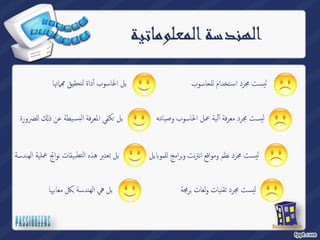 الهندسة المعلوماتية 
اسوب ˪ دام لل ˯ ت̑ ليست مجرد اس 
ةادٔأ بوسالحا لب ل ماتها ࠐ تحقيق 
ةفرعم درمج تسيلعم ةیلٓآ بوسالحا ل و ص یانته 
لب˔ يفكلما ةفرع لا نع ةطی̑سب ضرلل ߵذةرو 
یل بل تعتبر هذه التطبیقات نواتج عملیة الهندسة Դ رامج للمو ˊ ل 
يست مجرد نظم ومواقع ان ن ترت و 
رمجة ˊ ليست مجرد تقنیات ولغات 
ةسدنهلا هي لبايهناعم كلˊ  