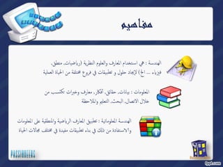 مفـاهيم 
لا ةسدنه : هيا ماد˯ت̑سلما فراع لا مولعلاو ةیرظن)یضԹرتا , مقطن , ءԹيزف ...لخا (فلتمخ عورف في تاقیبطت و لول˨ دايجٕلا ة نمةیلمعلا ةایلحا 
ك تسب من ˔ برات ˭ ت, حقائق, أٔفكار, معارف و Է المعلومات : بیا 
لال الاتصال, البحث, التعليم والملاحظة ˭ 
لى المعلومات ̊ ضیة والمنط قية Թ الهندسة المعلوماتیة : تطبیق المعارف الر 
في بناء تطبیقات مفيدة في مختلف مجالات الحیاة ߵ تفادة من ذ ̑ سԳ و 
 