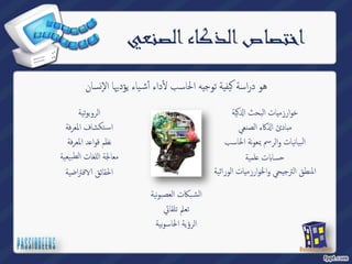 اختصاص الذكاء الصنعي 
سان ̮ یاء یؤديها الإ ̑ داء أٔش ҡ یفية توجيه الحاسب ̠ٔ هو دراسة 
یة ̠߳ خوارزميات البحث ا 
كاء الصنعي ߳ مبادئ ا 
البیانیات والرسم بمعونة الحاسب 
لمیة ̊ ت Դ حسا 
المنطق الترجيحي والخوارزميات الوراثیة 
الروبوتیة 
تكشاف المعرفة ̑ اس 
د المعرفة ̊ نظم قوا 
معالجة اللغات الطبیعیة 
فتراضیة Գ الحقائق 
بكات العصبونیة ̑ الش 
تعلم تلقائي 
الرؤیة الحاسوبیة 
 