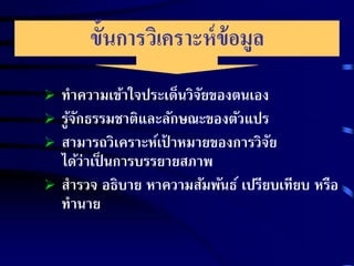 ขั้นการวิเคราะห์ข้อมูล 
 ทาความเข้าใจประเด็นวิจัยของตนเอง 
 รู้จักธรรมชาติและลักษณะของตัวแปร 
 สามารถวิเคราะห์เป้าหมายของการวิจัย 
ได้ว่าเป็นการบรรยายสภาพ 
 สารวจ อธิบาย หาความสัมพันธ์ เปรียบเทียบ หรือ 
ทานาย 
 