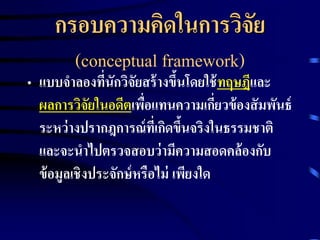 กรอบความคิดในการวิจัย 
(conceptual framework) 
• แบบจาลองที่นักวิจัยสร้างขึ้นโดยใช้ทฤษฎีและ 
ผลการวิจัยในอดีตเพื่อแทนความเกี่ยวข้องสัมพันธ์ 
ระหว่างปรากฎการณ์ที่เกิดขึ้นจริงในธรรมชาติ 
และจะนาไปตรวจสอบว่ามีความสอดคล้องกับ 
ข้อมูลเชิงประจักษ์หรือไม่เพียงใด 
 