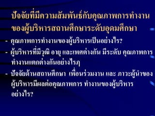 ปัจจัยที่มีความสัมพันธ์กับคุณภาพการทางาน 
ของผู้บริหารสถานศึกษาระดับอุดมศึกษา 
- คุณภาพการทา งานของผู้บริหารเป็นอย่างไร? 
- ผู้บริหารที่มีวุฒิ อายุ และเพศต่างกัน มีระดับ คุณภาพการ 
ทางานแตกต่างกันอย่างไรฦ 
- ปัจจัยด้านสถานศึกษา เพื่อนร่วมงาน และ ภาวะผู้นาของ 
ผู้บริหารมีผลต่อคุณภาพการ ทา งานของผู้บริหาร 
อย่างไร? 
 