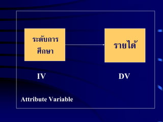 ระดับการ 
ศึกษา รายได้ 
IV DV 
Attribute Variable 
 