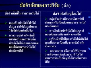ข้อจากัดของการวิจัย (ต่อ) 
ข้อจากัดที่อนุโลมได้ 
 กล่มุตัวอย่างมีขนาดน้อยกว่าที่ 
กาหนดหรือเป็นตัวแทนประชากรได้ 
บางลักษณะ 
 การวัดตัวแปรทาได้ไม่สมบูรณ์ 
ครบถ้วนตามนิยามที่ควรจะเป็น 
 เครื่องมือที่ใช้ในการวิจัยไม่เป็นไป 
ตามที่ควรจะเป็นเน่อืงจากข้อจากัด 
เรื่องเวลา 
 งบประมาณ หรือการได้รับความ 
ร่วมมือจากกล่มุตัวอย่าง ทาให้ไม่ 
สามารถจัดเก็บข้อมูลได้ตามที่ควรจะ 
เป็น 
ข้อจากัดที่ไม่สามารถรับได้ 
 กลุ่มตัวอย่างไม่ตั้งใจให้ 
ข้อมูล ทาให้ข้อมูลในการ 
วิจัยไม่ค่อยน่าเชื่อถือ 
 หากระบุข้อจากัดเช่นนี้ 
เท่ากับว่าผลการวิจัยนั้น 
เชื่อถือไม่ได้เลยตลอดเล่ม 
และไม่สามารถนาไปใช้ 
ประโยชน์ได้ 
 