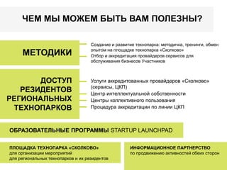 ЧЕМ МЫ МОЖЕМ БЫТЬ ВАМ ПОЛЕЗНЫ? 
Создание и развитие технопарка: методичка, тренинги, обмен 
опытом на площадке технопарка «Сколково» 
Отбор и аккредитация провайдеров сервисов для 
обслуживания бизнесов Участников 
МЕТОДИКИ 
ДОСТУП 
РЕЗИДЕНТОВ 
РЕГИОНАЛЬНЫХ 
ТЕХНОПАРКОВ 
Услуги аккредитованных провайдеров «Сколково» 
(сервисы, ЦКП) 
Центр интеллектуальной собственности 
Центры коллективного пользования 
Процедура аккредитации по линии ЦКП 
ОБРАЗОВАТЕЛЬНЫЕ ПРОГРАММЫ STARTUP LAUNCHPAD 
ПЛОЩАДКА ТЕХНОПАРКА «СКОЛКОВО» 
для организации мероприятий 
для региональных технопарков и их резидентов 
ИНФОРМАЦИОННОЕ ПАРТНЕРСТВО 
по продвижению активностей обеих сторон 
 