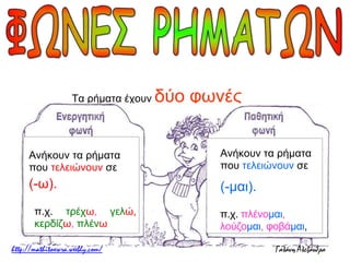 Τα ρήματα έχουν δύο φωνές 
Ανήκουν τα ρήματα 
που τελειώνουν σε 
(-ω). 
π.χ. τρέχω, γελώ, 
κερδίζω, πλένω 
Ανήκουν τα ρήματα 
που τελειώνουν σε 
(-μαι). 
π.χ. πλένομαι, 
λούζομαι, φοβάμαι, 
κρατιέμαι 
 
