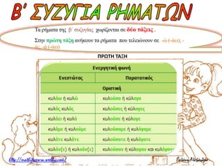 Τα ρήματα της β΄ συζυγίας χωρίζονται σε δύο τάξεις . 
Στην πρώτη τάξη ανήκουν τα ρήματα που τελειώνουν σε -ώ (-άω), - 
άς, -ά (-άει) 
ΠΡΩΤΗ ΤΑΞΗ 
 