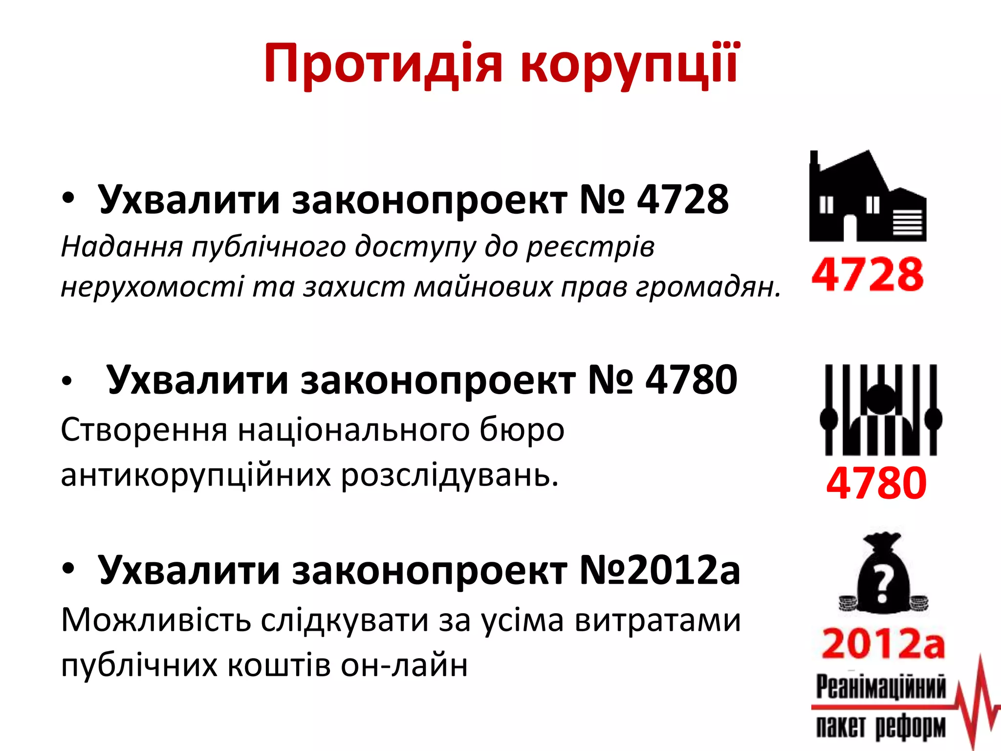 Протидія корупції
• Ухвалити законопроект № 4728
Надання публічного доступу до реєстрів
нерухомості та захист майнових прав громадян.
• Ухвалити законопроект № 4780
Створення національного бюро
антикорупційних розслідувань.
• Ухвалити законопроект №2012а
Можливість слідкувати за усіма витратами
публічних коштів он-лайн
4780
 