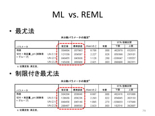 ML vs. REML
• 最尤法
• 制限付き最尤法
79
 