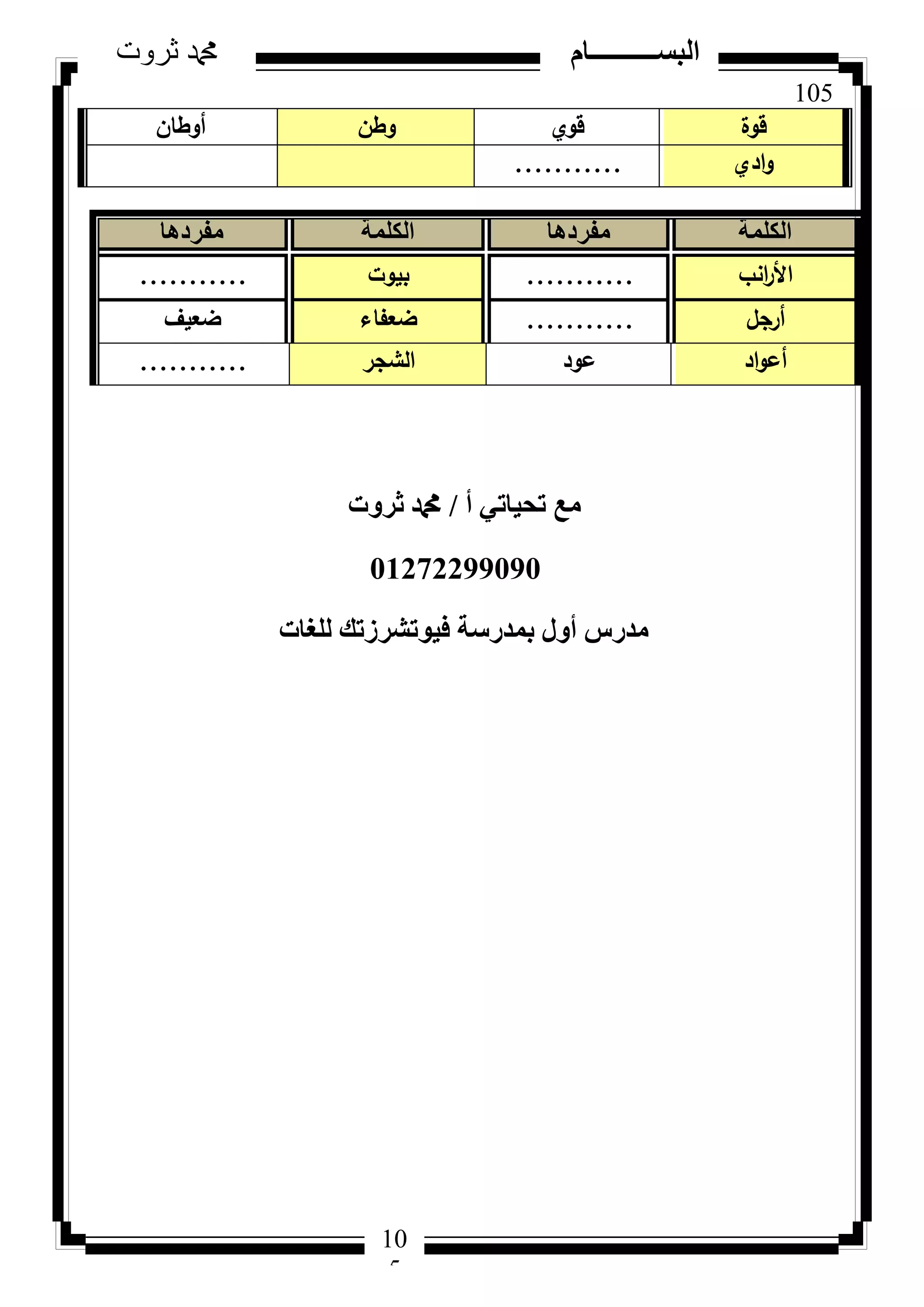 105
‫ثروت‬ ‫دمحم‬ ‫البســــــــــام‬
10
5
‫قكة‬‫قكم‬‫كطف‬‫أكطاف‬
‫ادم‬‫ك‬...........
‫أ‬ ٢‫رؾ٤بر‬ ‫ٓغ‬/‫صشٝد‬ ‫دمحم‬
01272299090
‫ُِـبد‬ ‫ك٤ٞرششصري‬ ‫ثٔذسعخ‬ ٍٝ‫أ‬ ‫ٓذسط‬
‫الكلمة‬‫مفردها‬‫الكلمة‬‫مفردها‬
‫انب‬‫ر‬‫األ‬...........‫بيكت‬...........
‫أرجؿ‬...........‫ضعفاء‬‫ضعيؼ‬
‫اد‬‫ك‬‫أع‬‫عكد‬‫الشجر‬...........
 