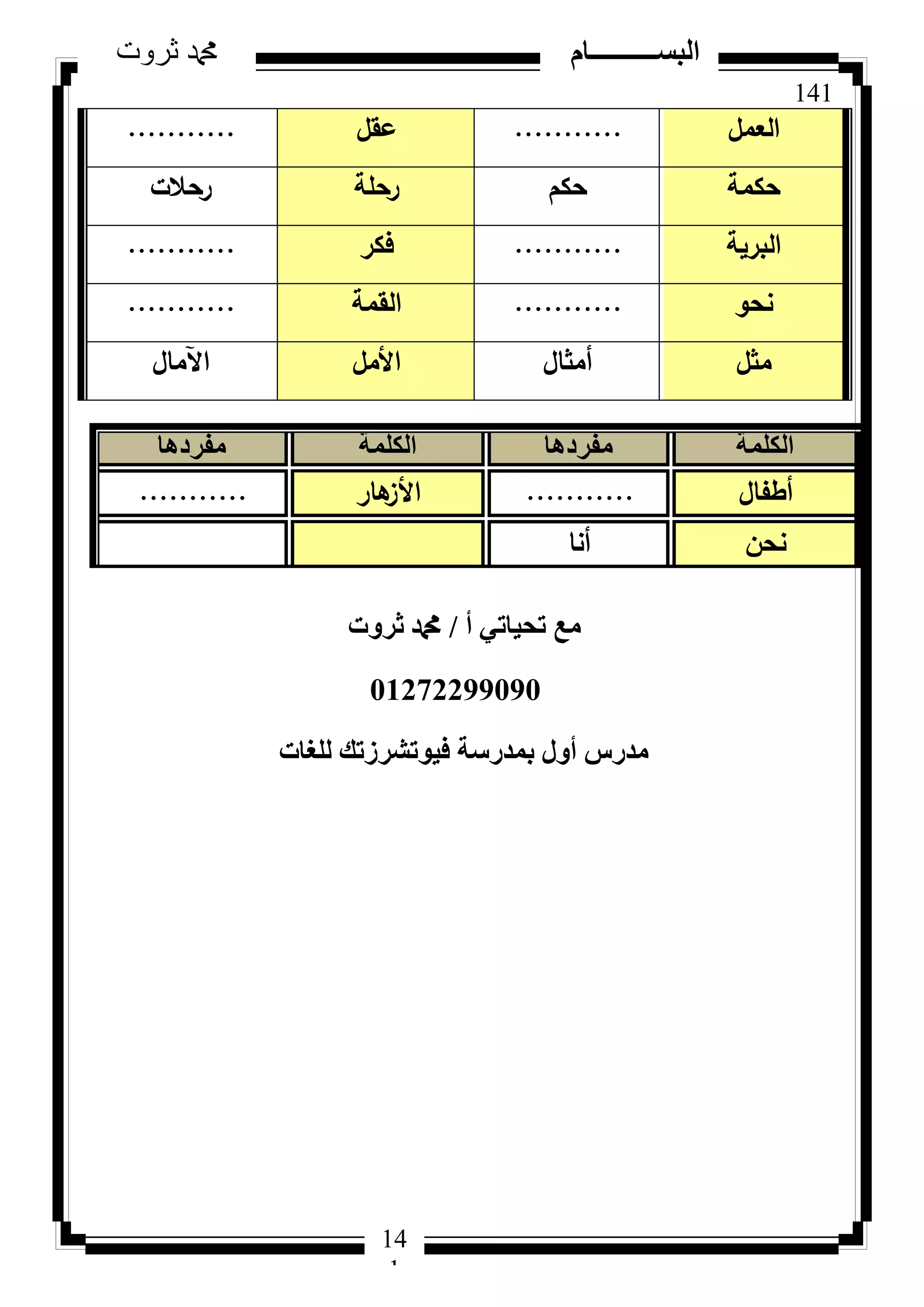 141
‫ثروت‬ ‫دمحم‬ ‫البســــــــــام‬
14
1
‫العمؿ‬...........‫عقؿ‬...........
‫حكمة‬‫حكـ‬‫رحمة‬‫رحالت‬
‫البرية‬...........‫فكر‬...........
‫نحك‬...........‫القمة‬...........
‫مثؿ‬‫أمثاؿ‬‫األمؿ‬‫اآلماؿ‬
‫أ‬ ٢‫رؾ٤بر‬ ‫ٓغ‬/‫صشٝد‬ ‫دمحم‬
01272299090
‫ُِـبد‬ ‫ك٤ٞرششصري‬ ‫ثٔذسعخ‬ ٍٝ‫أ‬ ‫ٓذسط‬
‫الكلمة‬‫مفردها‬‫الكلمة‬‫مفردها‬
‫أطفاؿ‬...........‫ىار‬‫األز‬...........
‫نحف‬‫أنا‬
 