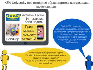 IKEA Univercity это открытая образовательная площадка, 
включающая: 
Я могу зарегистрироваться через 
Facebook, и получать уникальный кейс и 
задание каждую неделю? 
Тогда хочу по итогам получить гранд или 
место работы) 
Сайт IKEA Univercity с 
записями семинаров, открытыми 
вебинарами, профориентационными 
тестами, информацией о 
стажировках и вакансиях для 
студентов, доступ к онлайн 
библиотеке 
ВакансииТесты 
Вебинар 
Интерактив 
Кейс недели 
Приз 
месяца 
лучшему 
студенту! 
 