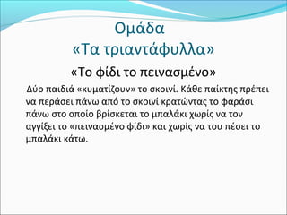 Ομάδα 
«Τα τριαντάφυλλα» 
«Το φίδι το πεινασμένο» 
Δύο παιδιά «κυματίζουν» το σκοινί. Κάθε παίκτης πρέπει 
να περάσει πάνω από το σκοινί κρατώντας το φαράσι 
πάνω στο οποίο βρίσκεται το μπαλάκι χωρίς να τον 
αγγίξει το «πεινασμένο φίδι» και χωρίς να του πέσει το 
μπαλάκι κάτω. 
 