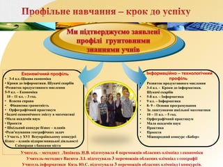 Економічний профіль 
• 3-4 кл.-Цікава економіка 
• Кроки до інформатики. Шукачі скарбів 
•Розвиток продуктивного мислення 
5-9 кл. – Економіка 
10 – 11 кл. – 3 год. 
• Власна справа 
• Фінансова грамотність 
• Орфографічний практикум 
•Задачі економічного змісту в математиці 
•Мала академія наук 
• Проекти 
• Шкільний конкурс бізнес – планів 
•Розв’язування географічних задач 
• Участь у ХVI Всеукраїнському конкурсі 
бізнес – планів підприємницької діяльності 
Співпраця з банками міста 
. Інформаційно – технологічний 
профіль 
• Розвиток продуктивного мислення 
• 3-4 кл. - Кроки до інформатики. 
Шукачі скарбів 
• 5-8 кл. – Інформатика 
• 9 кл. – Інформатика 
• 8- 9 – Основи програмування 
• За лаштунками шкільної математики 
• 10 – 11 кл. – 5 год. 
• Орфографічний практикум 
• Мала академія наук 
• Практика 
• Проекти 
• Міжнародний конкурс «Бобер» 
Учитель – методист Липівець Н.В. підготувала 4 переможців обласних олімпіад з економіки 
Учитель-методист Васюта Л.І. підготувала 3 переможців обласних олімпіад з географії 
Учитель інформатики Кизь Ю.С. підготувала 3 переможців обласних олімпіад і конкурсів. 
 