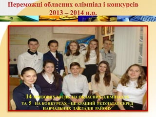 14 ПРИЗОВИХ МІСЦЬ НА ОБЛАСНИХ ОЛІМПІАДАХ 
ТА 5 НА КОНКУРСАХ – ЦЕ КРАЩИЙ РЕЗУЛЬТАТ СЕРЕД 
НАВЧАЛЬНИХ ЗАКЛАДІВ РАЙОНУ 
 