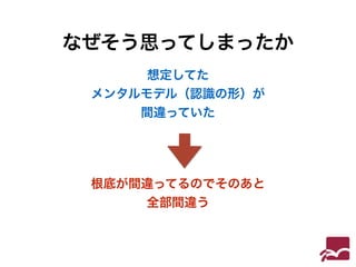 なぜそう思ってしまったか 
想定してた 
メンタルモデル（認識の形）が 
間違っていた 
根底が間違ってるのでそのあと 
全部間違う 
 