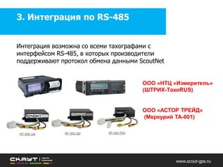 Оборудование в составе решения
www.scout-gps.ru
Интеграция с ведущими производителями тахографов:
 