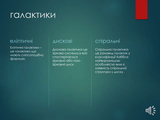 галактики
еліптичні
Еліптичні галактики –
це галактики що
мають сліпсоподібну
формую.
дискові
Дискова галактика-це
зіркова система в якій
спостерігається
зірковий або газо-
зірковий диск.
спіральні
Спіральна галактика-
це різновид галактик у
класифікації Хаббла
найвиразнішою
особливістю яких є
наявність спіральної
структури у диску .
 
